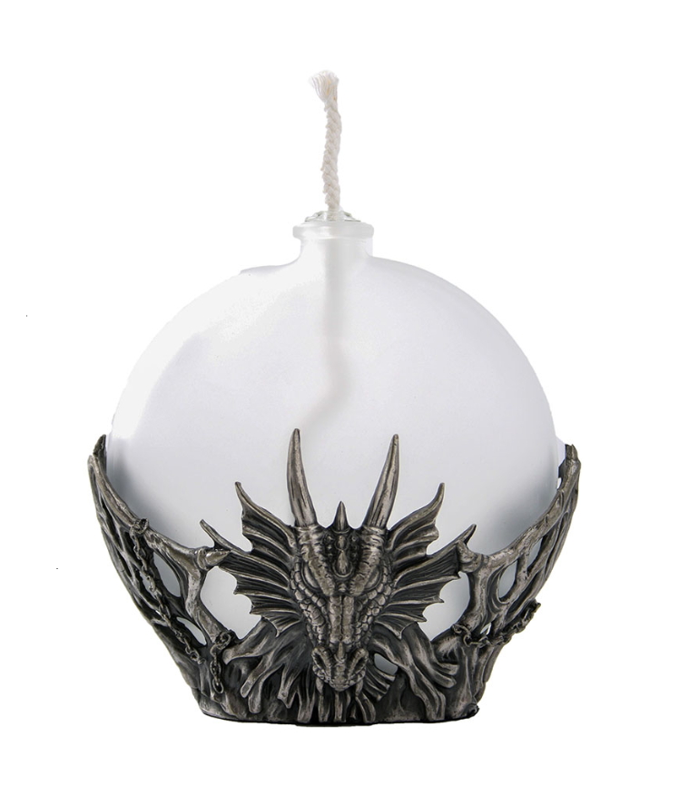 lampada ad olio con drago peltro