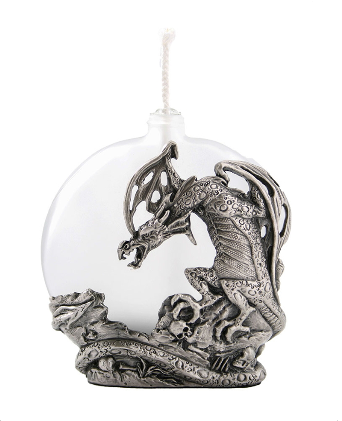 lampada ad olio con drago peltro