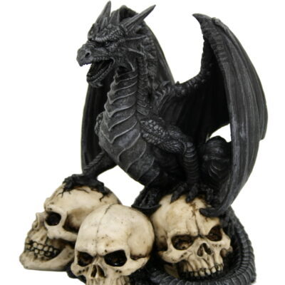 drago nero in resina con teschi