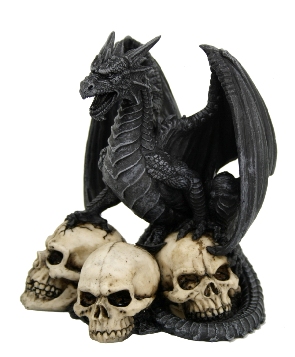 drago nero in resina con teschi