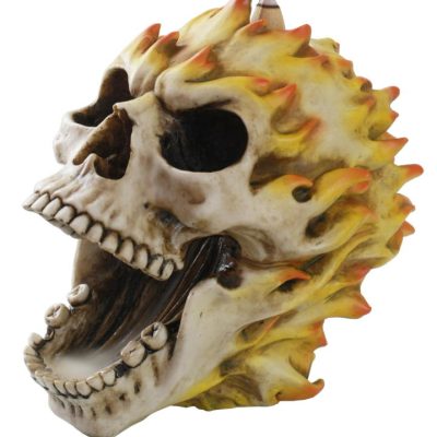 teschio con incisioni e testa fiammeggiante