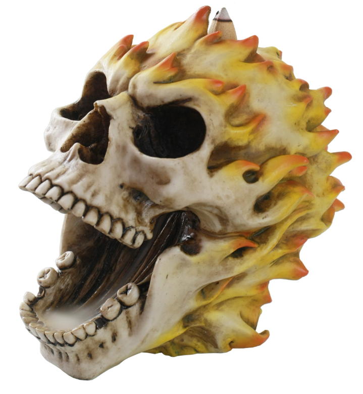 teschio con incisioni e testa fiammeggiante