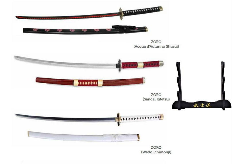 onepiece set 3 katane + espositore - lama in metallo