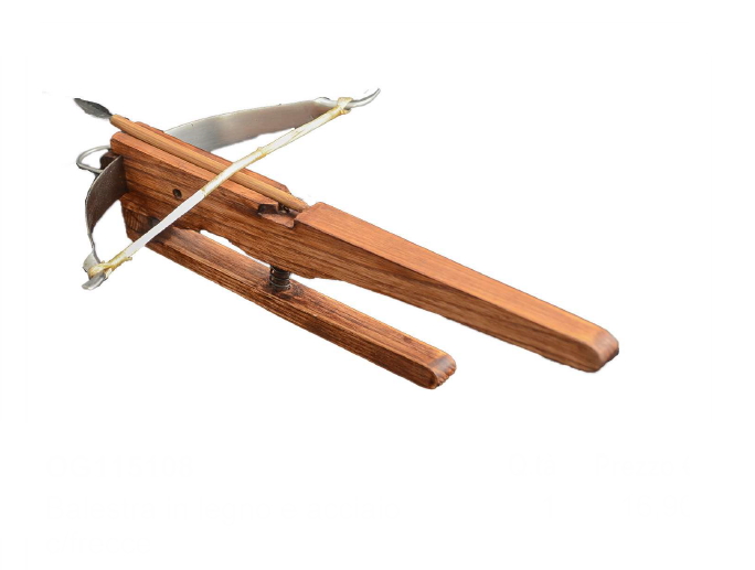 balestra antica in legno con piedistallo