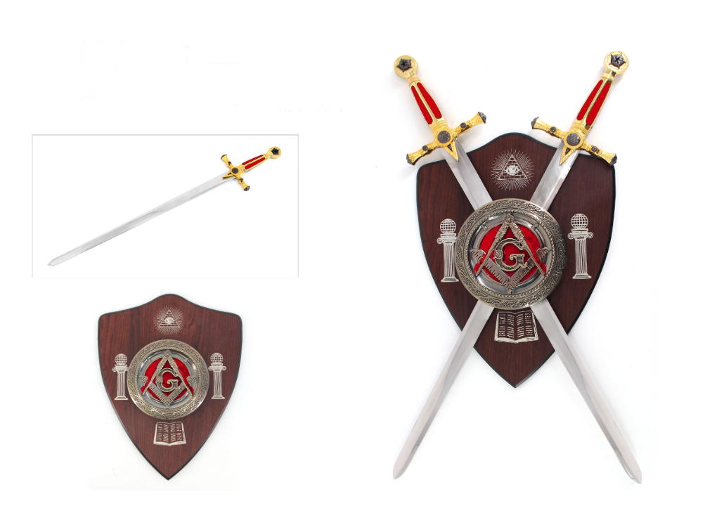 scudo in legno con logo massonico + due spade cm 75