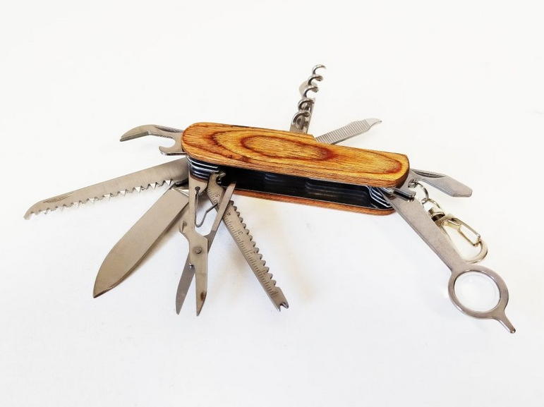 multiuso tascabile da campeggio in acciaio e legno chiaro