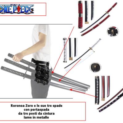 one piece : 3 katana di roronoa zoro con lama in metallo + portakatana da cintura da tre posti !