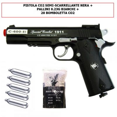 pistola softair 600b a co2 + 20 pz. ricariche co2+ pallini 0,23 gr.