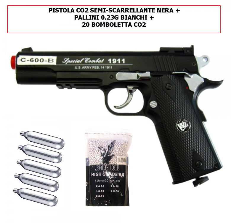 pistola softair 600b a co2 + 20 pz. ricariche co2+ pallini 0,23 gr.