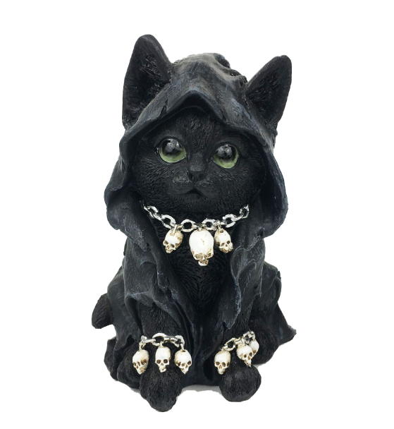gatto nero in resina con teschi