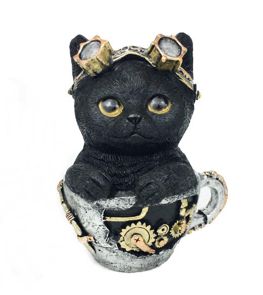 gatto nero in resina steampunk in tazzina