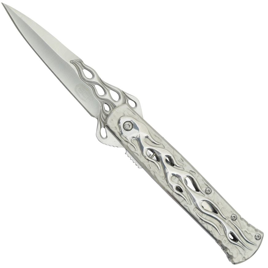 coltello tascabile con fiamme argento