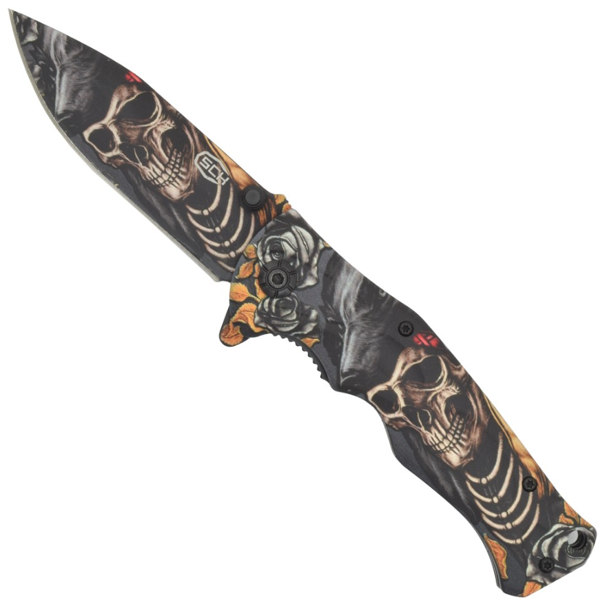 coltello tascabile con teschi colore