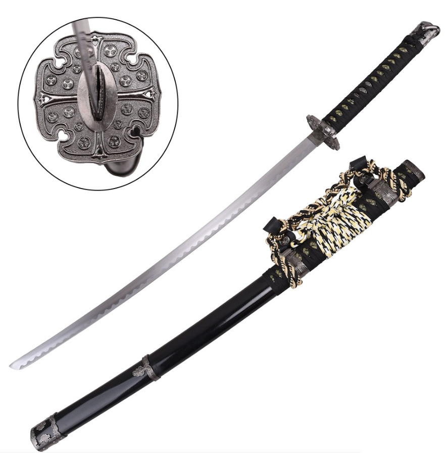 katana traditional black japan tsuba silver