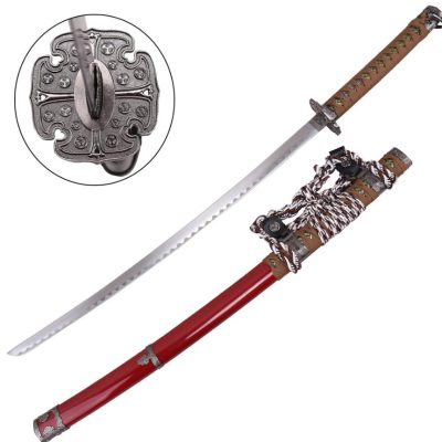 katana traditional red japan tsuba silver 2