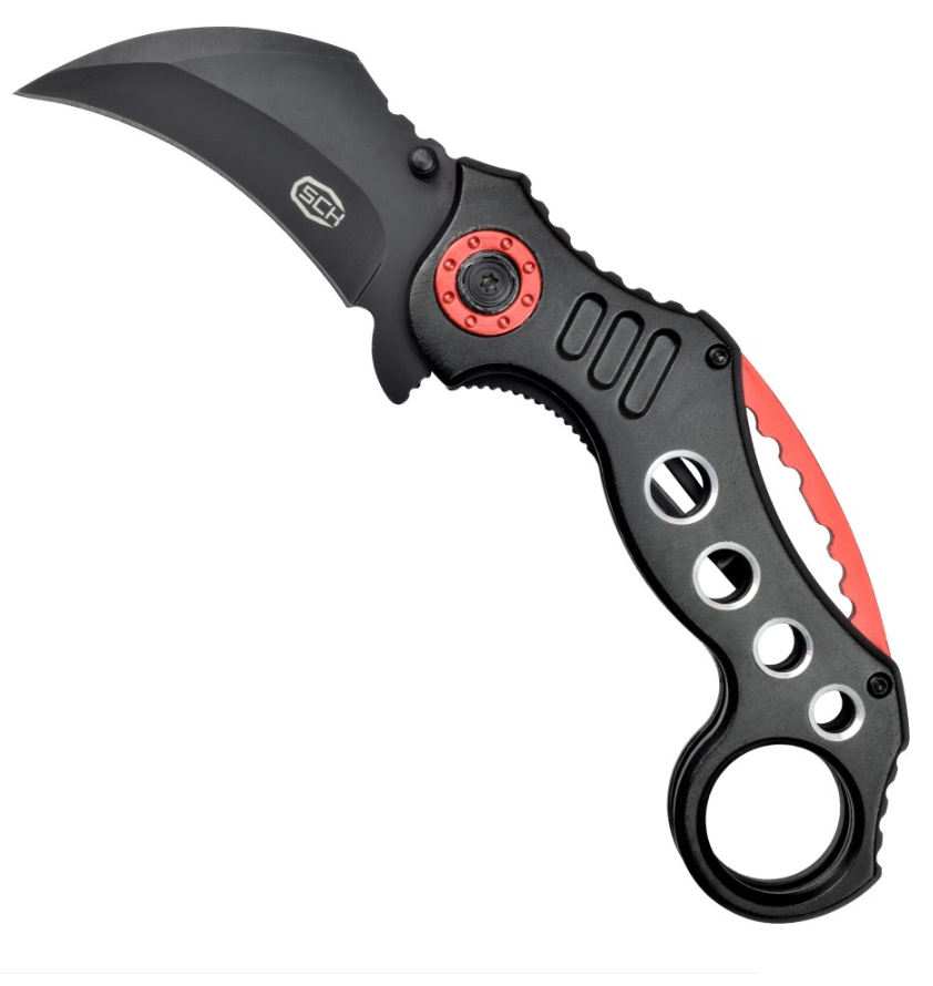coltello karambit con particolari rossi