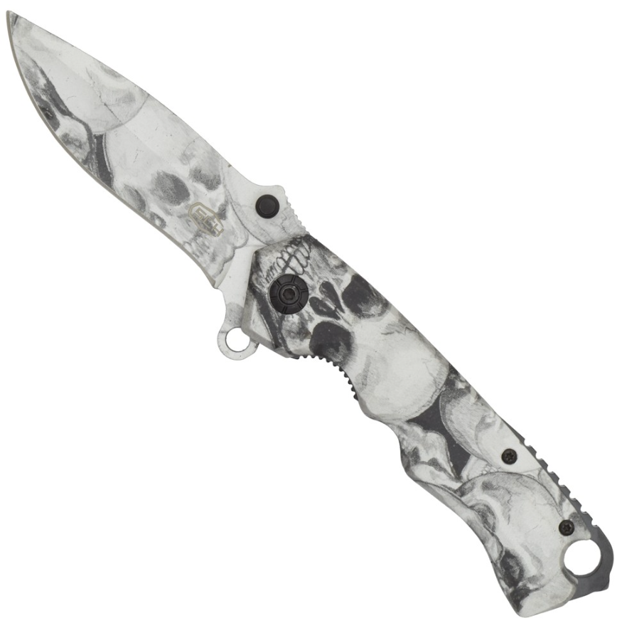 coltello tascabile con teschi bianchi